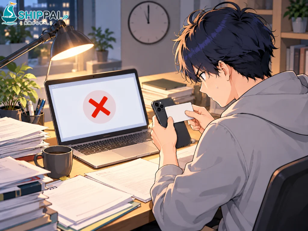 確定申告の期限前夜、e-Taxでカードの読み取りがエラーになり、パソコンの前で焦るまなぶのイラスト