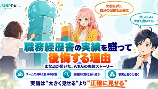 職務経歴書の実績を盛って後悔する理由を紹介するSHIPPAI.JPの記事アイキャッチ。まなぶとみらいのイラスト付き