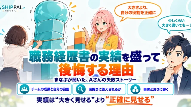 職務経歴書の実績を盛って後悔する理由を紹介するSHIPPAI.JPの記事アイキャッチ。まなぶとみらいのイラスト付き