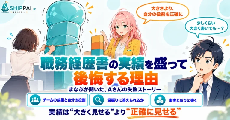 職務経歴書の実績を盛って後悔する理由を紹介するSHIPPAI.JPの記事アイキャッチ。まなぶとみらいのイラスト付き