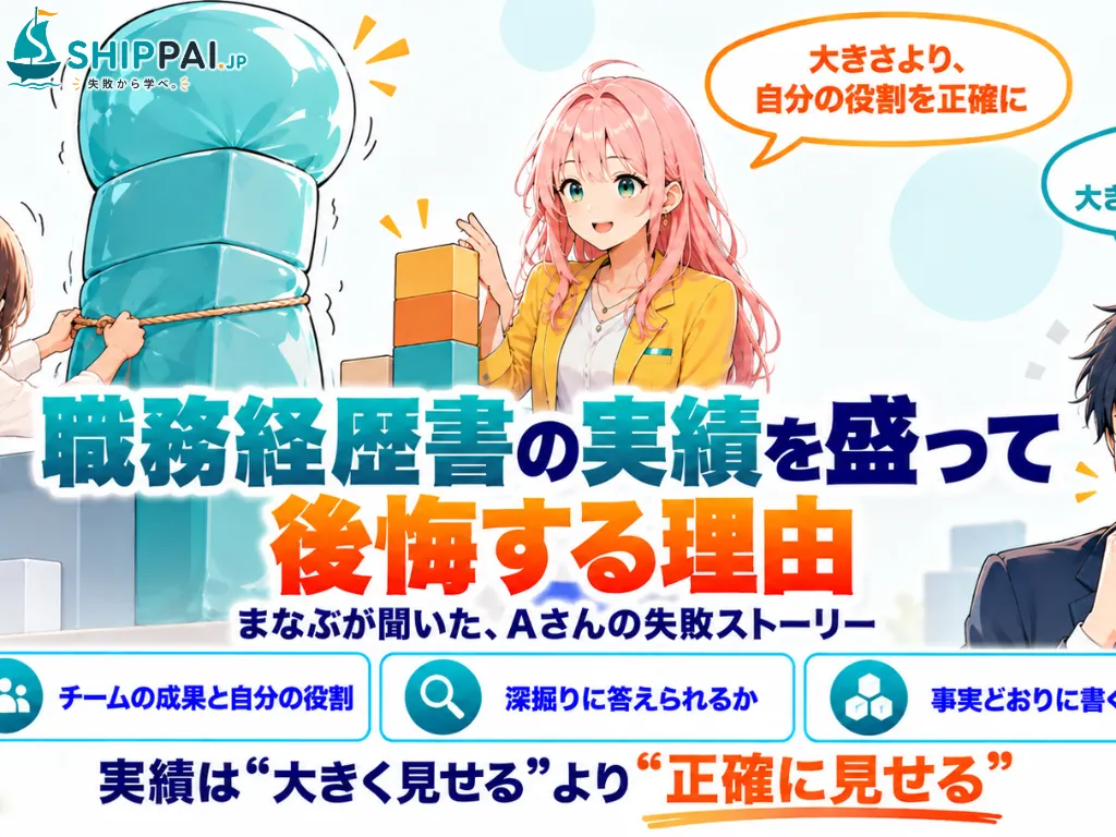 夕方のエレベーターホールで、中途入社のAさんから職務経歴書の失敗談を聞き、驚くまなぶのイラスト