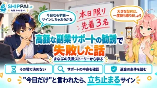 高額な副業サポートの勧誘で失敗した話を紹介するSHIPPAI.JPの記事アイキャッチ。まなぶとみらいのイラスト付き