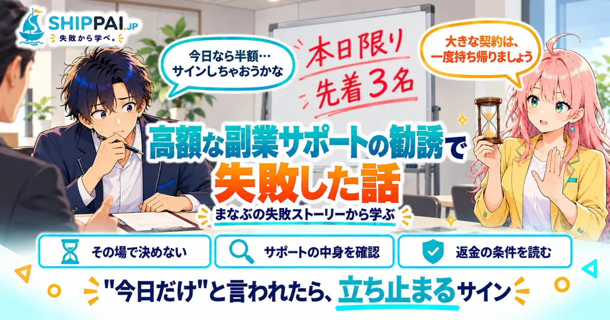 高額な副業サポートの勧誘で失敗した話を紹介するSHIPPAI.JPの記事アイキャッチ。まなぶとみらいのイラスト付き