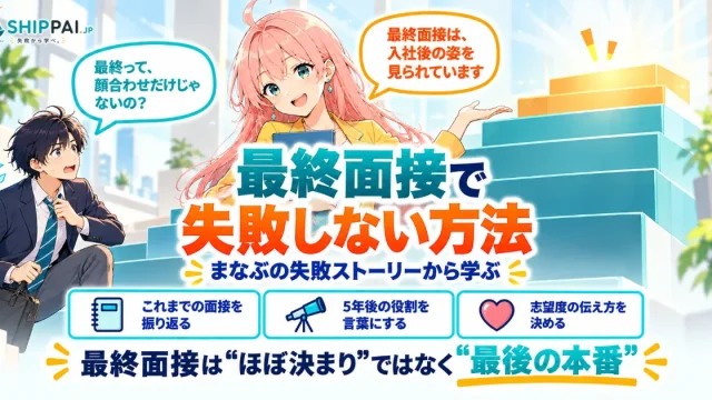 最終面接で失敗しない方法を紹介するSHIPPAI.JPの記事アイキャッチ。まなぶとみらいのイラスト付き