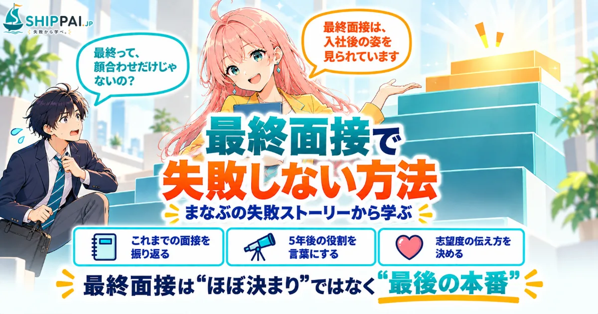 最終面接で失敗しない方法を紹介するSHIPPAI.JPの記事アイキャッチ。まなぶとみらいのイラスト付き