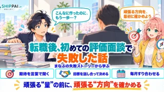 転職後、初めての評価面談で失敗した話を紹介するSHIPPAI.JPの記事アイキャッチ。まなぶとみらいのイラスト付き