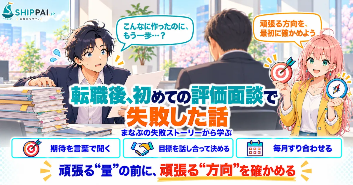 転職後、初めての評価面談で失敗した話を紹介するSHIPPAI.JPの記事アイキャッチ。まなぶとみらいのイラスト付き