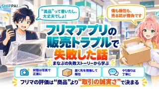 フリマアプリの販売トラブルで失敗した話を紹介するSHIPPAI.JPの記事アイキャッチ。まなぶとみらいのイラスト付き