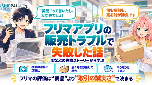 フリマアプリの販売トラブルで失敗した話を紹介するSHIPPAI.JPの記事アイキャッチ。まなぶとみらいのイラスト付き