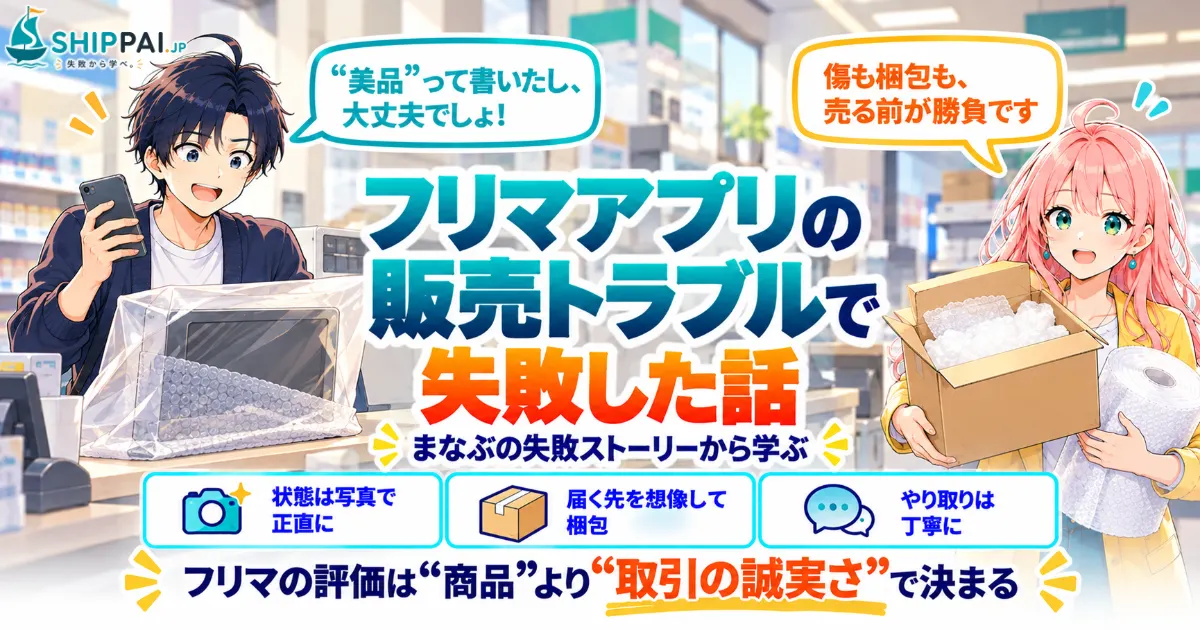 フリマアプリの販売トラブルで失敗した話を紹介するSHIPPAI.JPの記事アイキャッチ。まなぶとみらいのイラスト付き