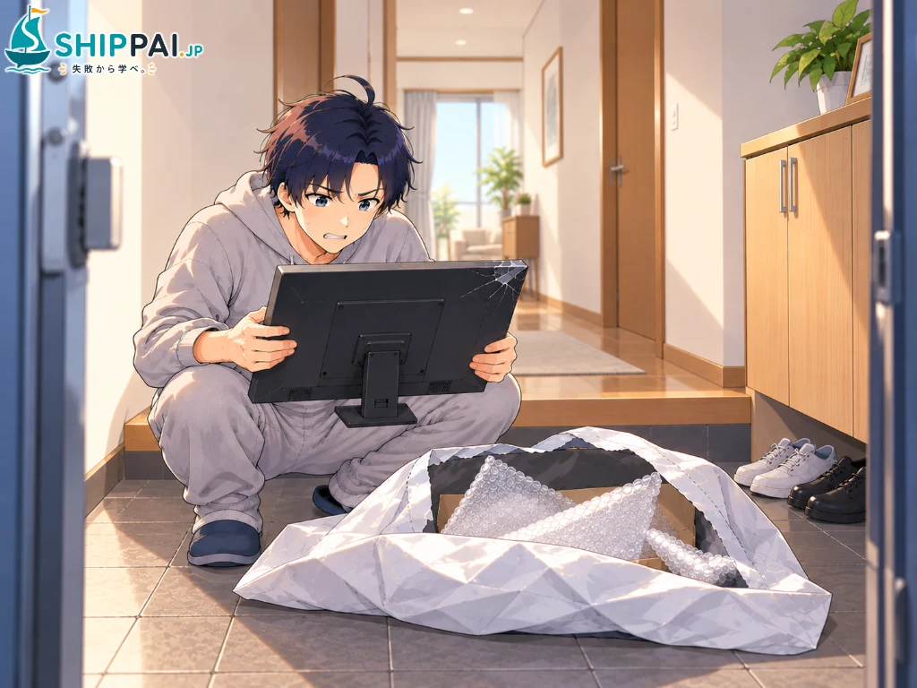 土曜日の朝、自宅の玄関で、返品されて戻ってきたモニターの角が割れているのを確かめ、後悔するまなぶのイラスト