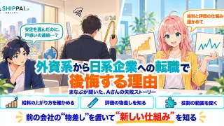 外資系から日系企業への転職で後悔する理由を紹介するSHIPPAI.JPの記事アイキャッチ。まなぶとみらいのイラスト付き