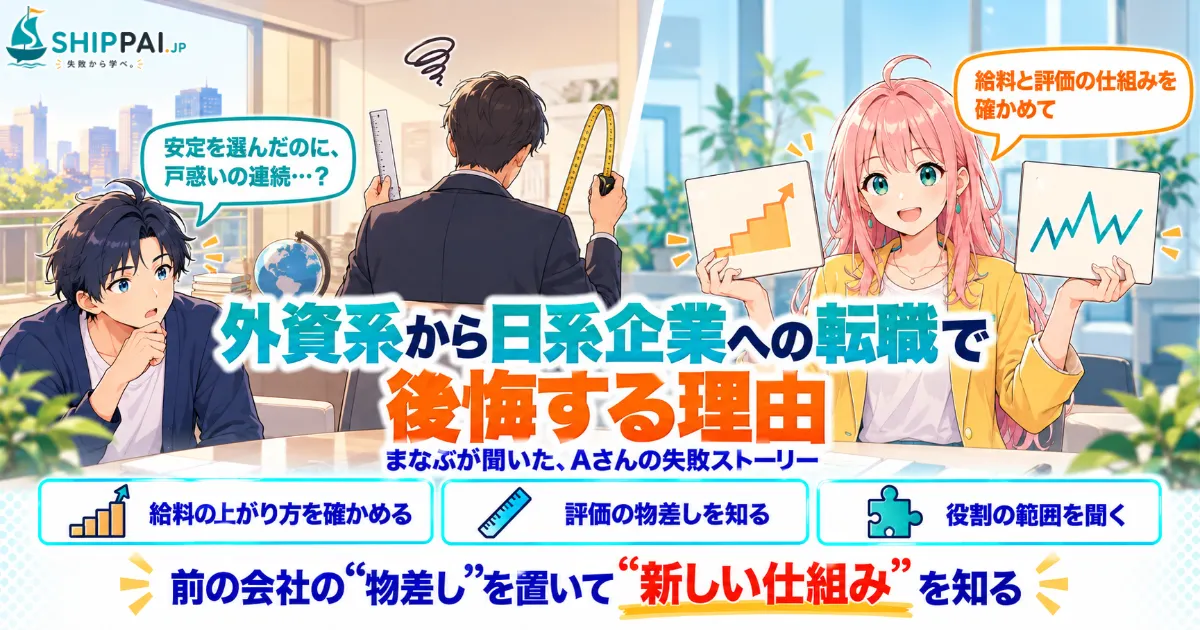 外資系から日系企業への転職で後悔する理由を紹介するSHIPPAI.JPの記事アイキャッチ。まなぶとみらいのイラスト付き