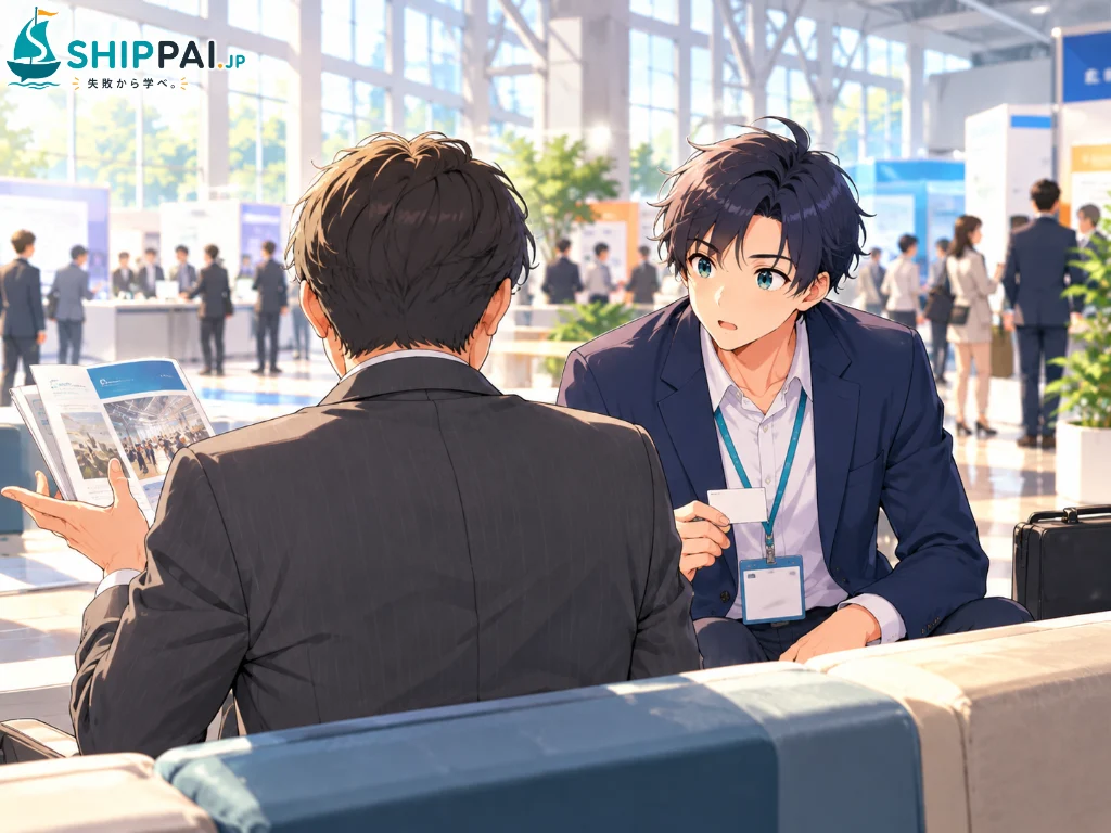 展示会場のロビーのベンチで、外資系企業から日系メーカーへ転職した前の会社の取引先の担当者Aさんの話を聞くまなぶのイラスト