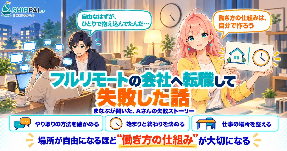 フルリモートの会社へ転職して失敗した話を紹介するSHIPPAI.JPの記事アイキャッチ。まなぶとみらいのイラスト付き