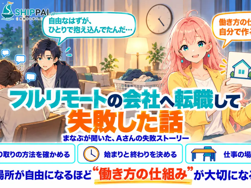土曜日の午後、コワーキングスペースのラウンジで、フルリモートの会社で働く副業のクライアントのAさんの話を聞くまなぶのイラスト