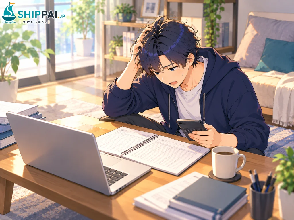週末の部屋で、投資信託の乗り換えの取引を書き出したノートを見つめ、資産が増えていなかったと気づいて肩を落とすまなぶのイラスト