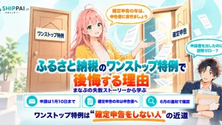 ふるさと納税のワンストップ特例で後悔する理由を紹介するSHIPPAI.JPの記事アイキャッチ。まなぶとみらいのイラスト付き