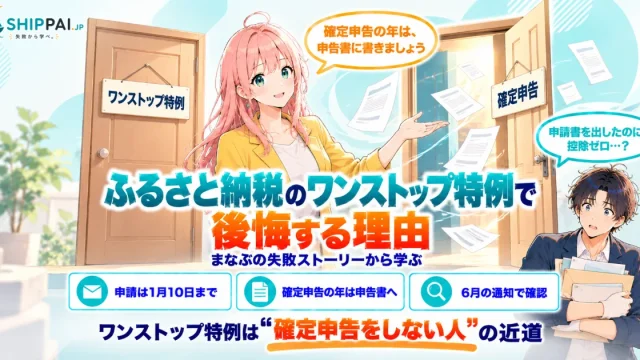 ふるさと納税のワンストップ特例で後悔する理由を紹介するSHIPPAI.JPの記事アイキャッチ。まなぶとみらいのイラスト付き