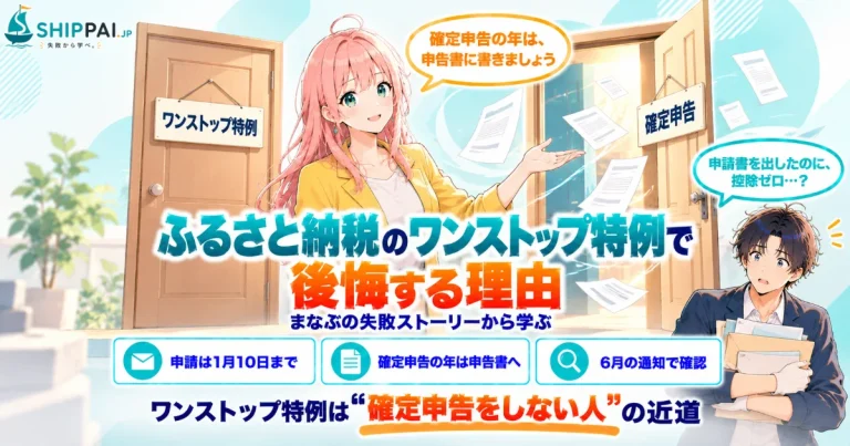 ふるさと納税のワンストップ特例で後悔する理由を紹介するSHIPPAI.JPの記事アイキャッチ。まなぶとみらいのイラスト付き