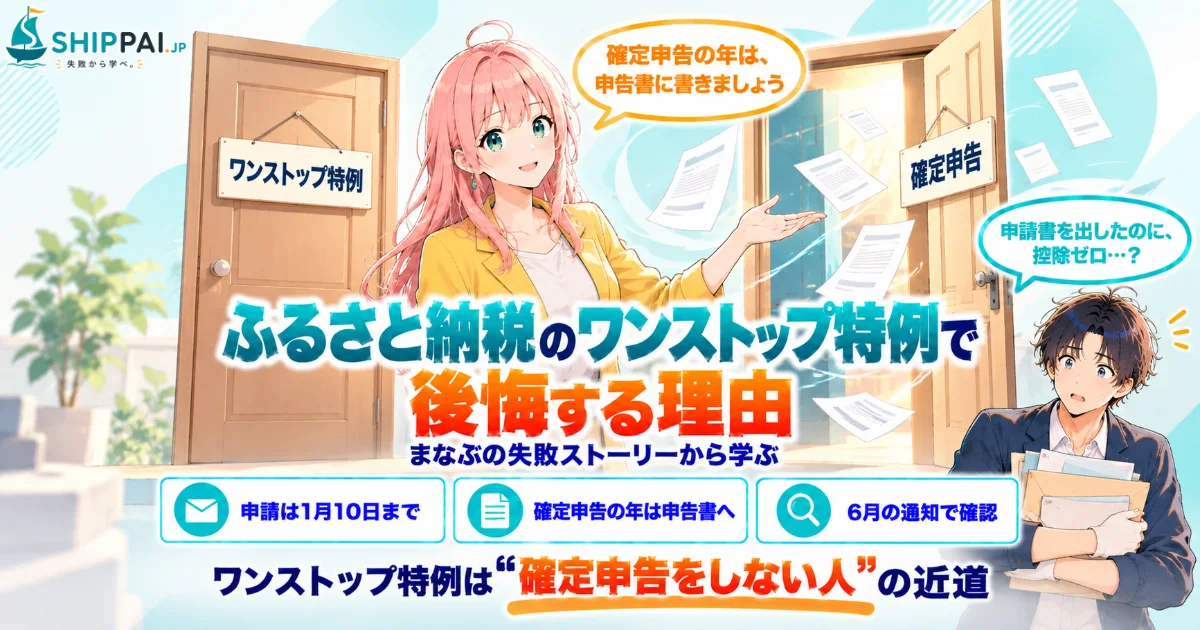 ふるさと納税のワンストップ特例で後悔する理由を紹介するSHIPPAI.JPの記事アイキャッチ。まなぶとみらいのイラスト付き