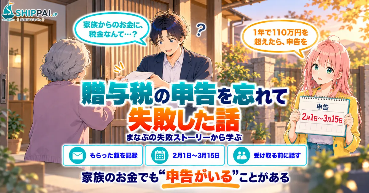 贈与税の申告を忘れて失敗した話を紹介するSHIPPAI.JPの記事アイキャッチ。まなぶとみらいのイラスト付き