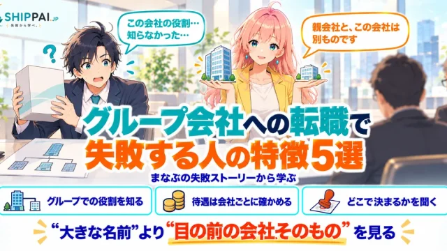 グループ会社への転職で失敗する人の特徴5選を紹介するSHIPPAI.JPの記事アイキャッチ。まなぶとみらいのイラスト付き