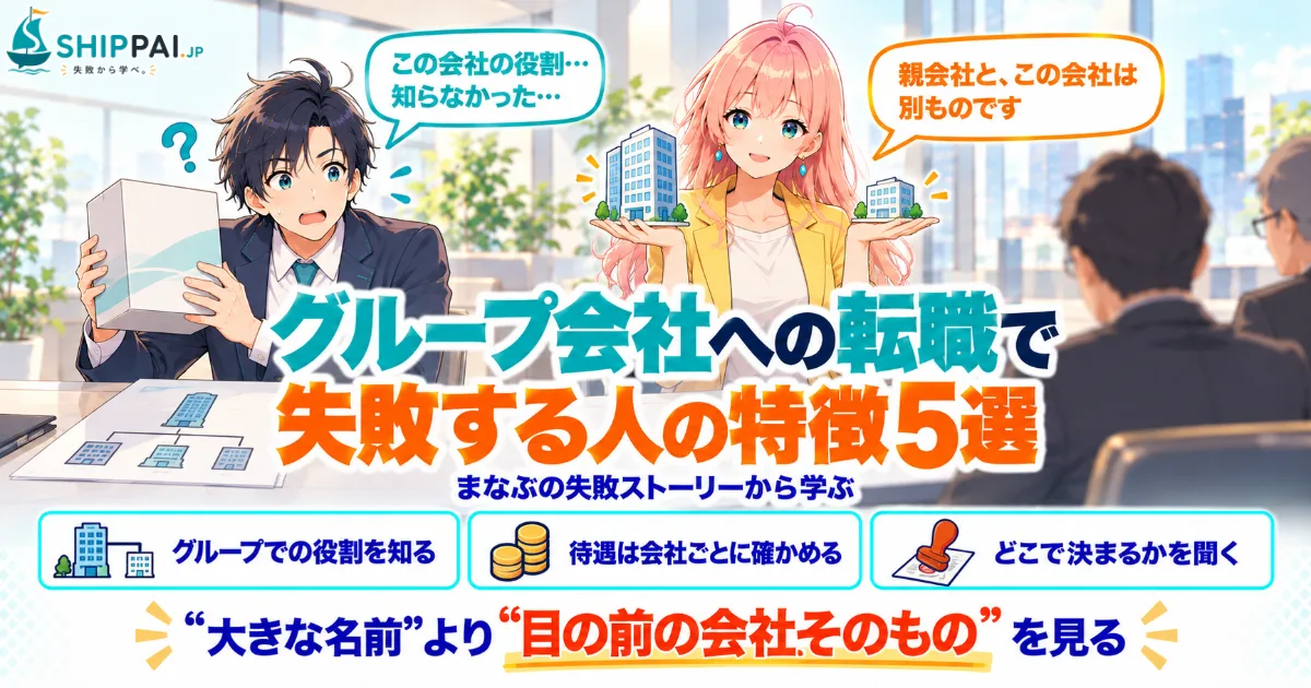 グループ会社への転職で失敗する人の特徴5選を紹介するSHIPPAI.JPの記事アイキャッチ。まなぶとみらいのイラスト付き