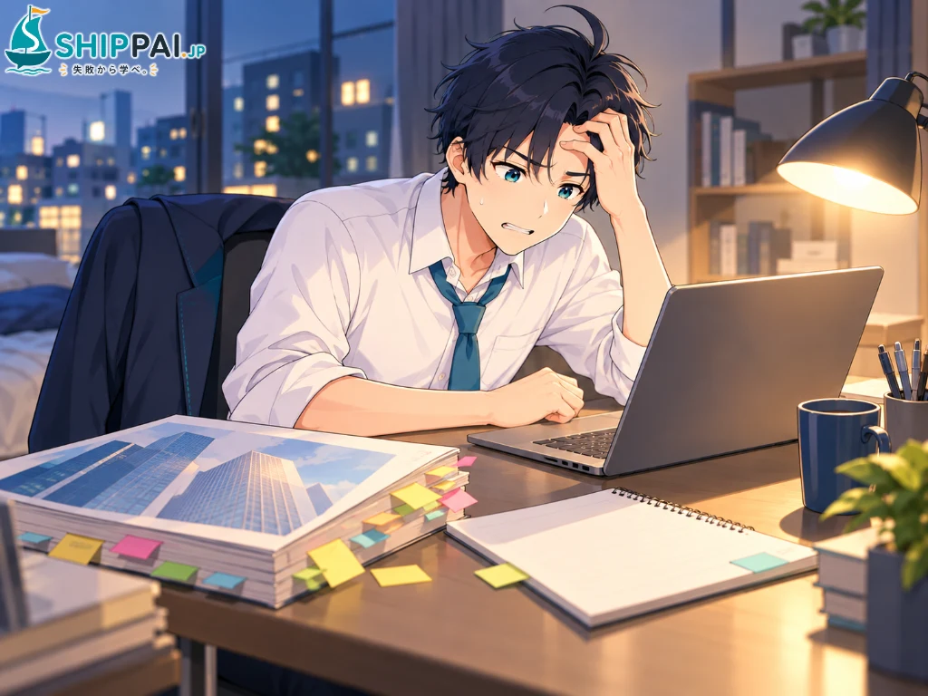グループ会社の最終面接で不採用になった夜、親会社の商品カタログばかり読み込み、応募先の会社を調べていなかったことに気づくまなぶのイラスト