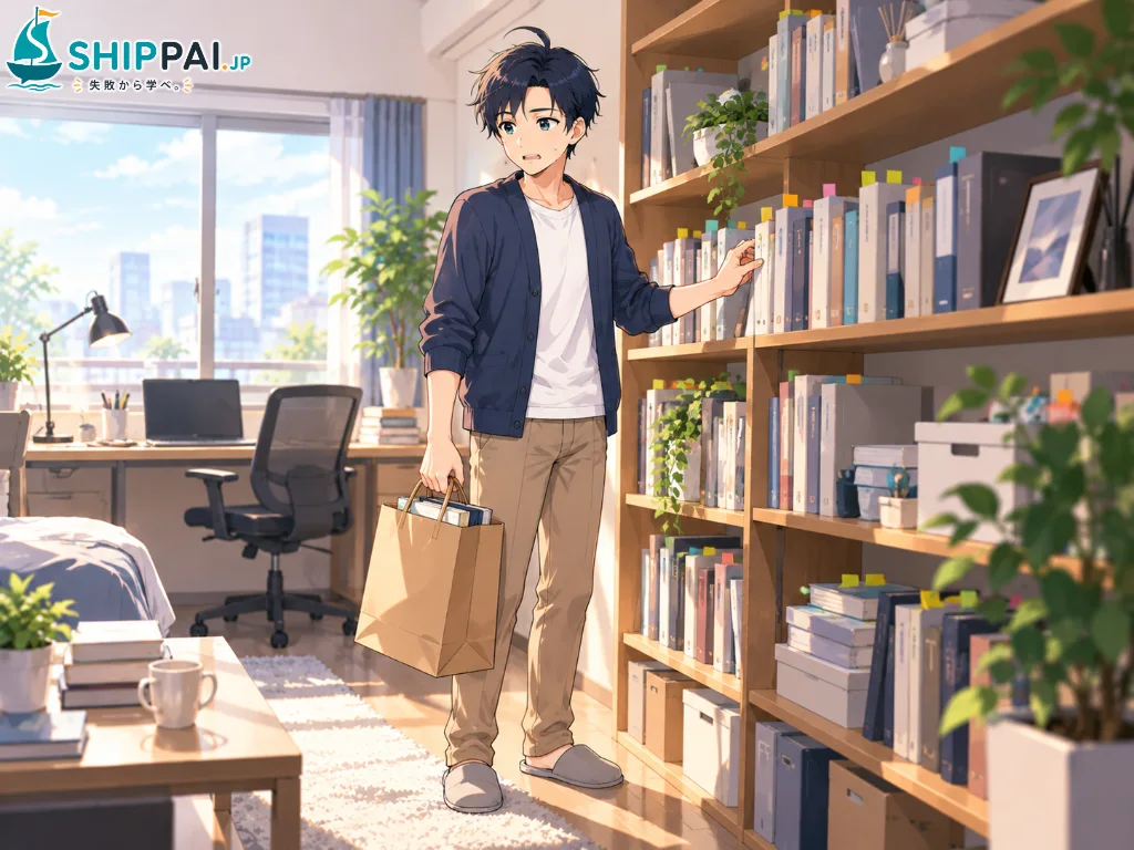業界の本を新しく買ってきたまなぶが、本棚に並ぶ読みかけの本に気づき、苦笑いしながら手を止めるイラスト