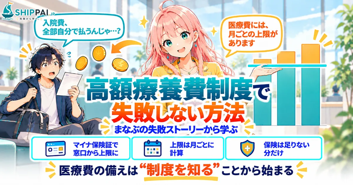 高額療養費制度で失敗しない方法を紹介するSHIPPAI.JPの記事アイキャッチ。まなぶとみらいのイラスト付き