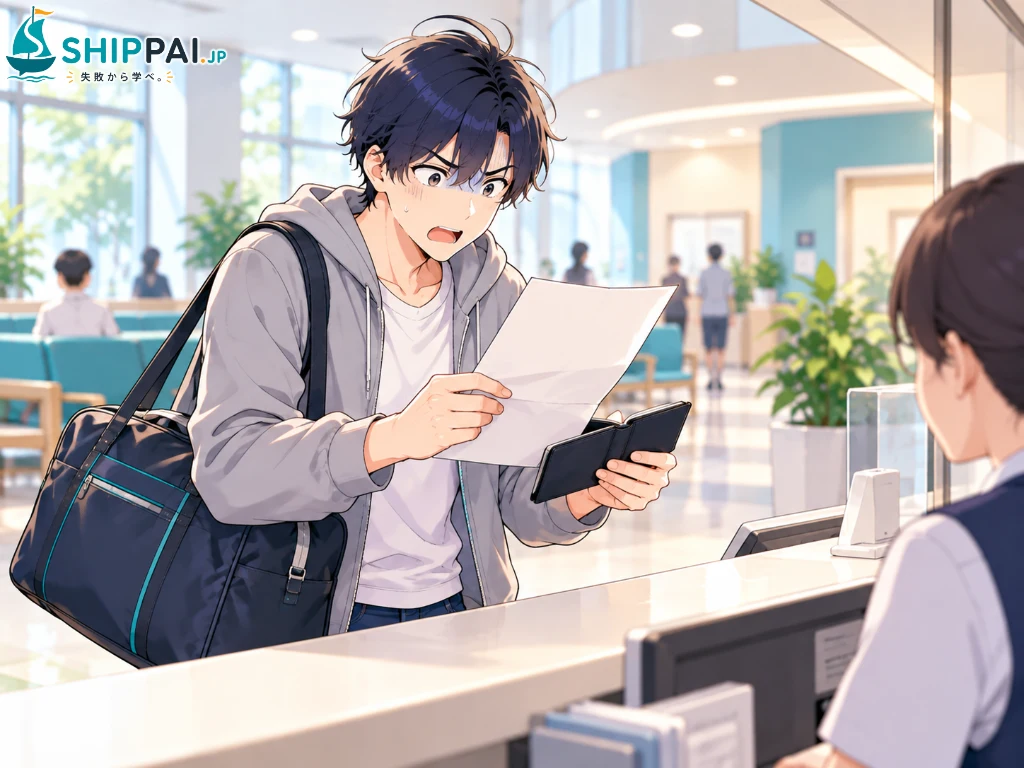 退院の日、病院の会計窓口で高額な請求書を手に青ざめるまなぶのイラスト