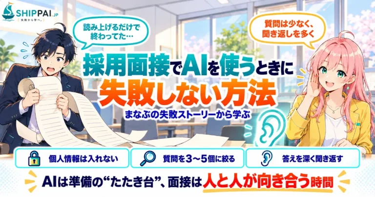 採用面接でAIを使うときに失敗しない方法を紹介するSHIPPAI.JPの記事アイキャッチ。まなぶとみらいのイラスト付き