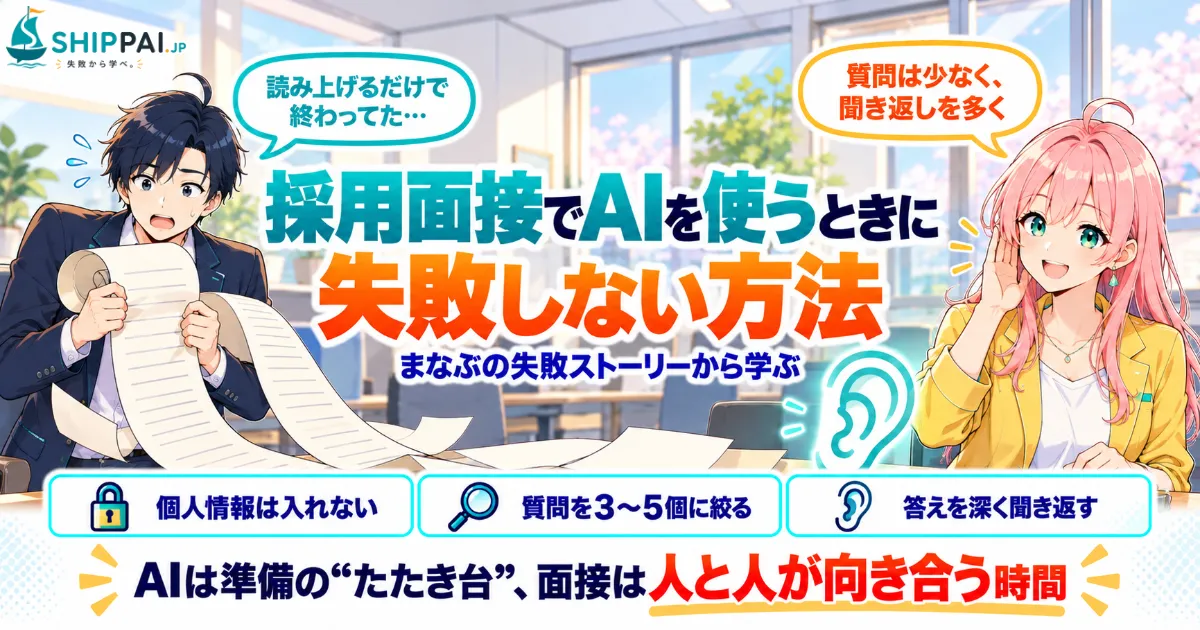 採用面接でAIを使うときに失敗しない方法を紹介するSHIPPAI.JPの記事アイキャッチ。まなぶとみらいのイラスト付き