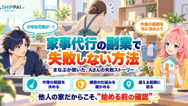 家事代行の副業で失敗しない方法を紹介するSHIPPAI.JPの記事アイキャッチ。まなぶとみらいのイラスト付き