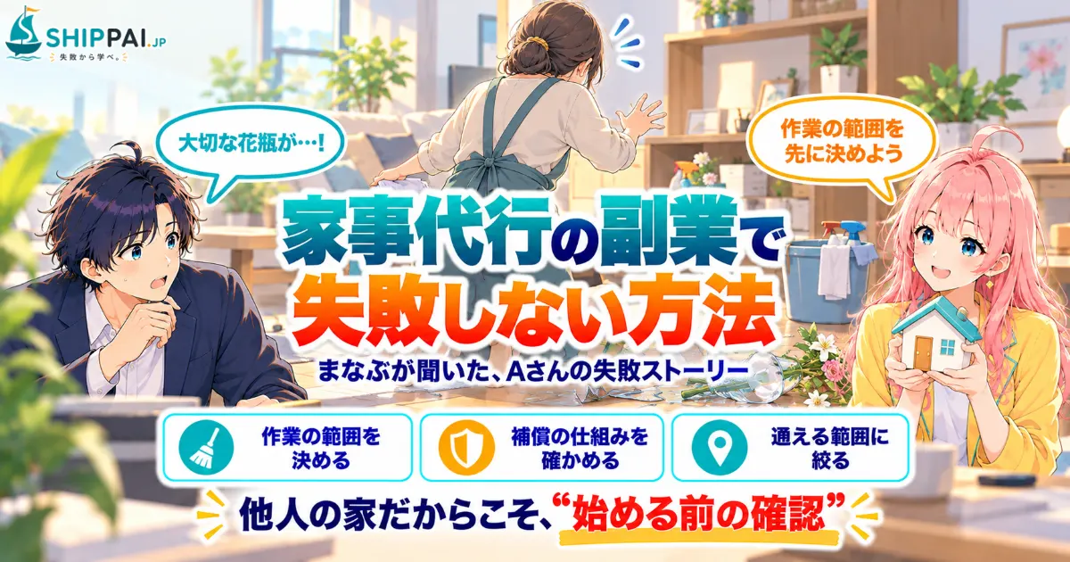 家事代行の副業で失敗しない方法を紹介するSHIPPAI.JPの記事アイキャッチ。まなぶとみらいのイラスト付き