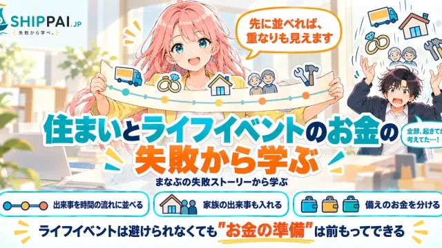 住まいとライフイベントのお金の失敗から学ぶを紹介するSHIPPAI.JPの記事アイキャッチ。まなぶとみらいのイラスト付き