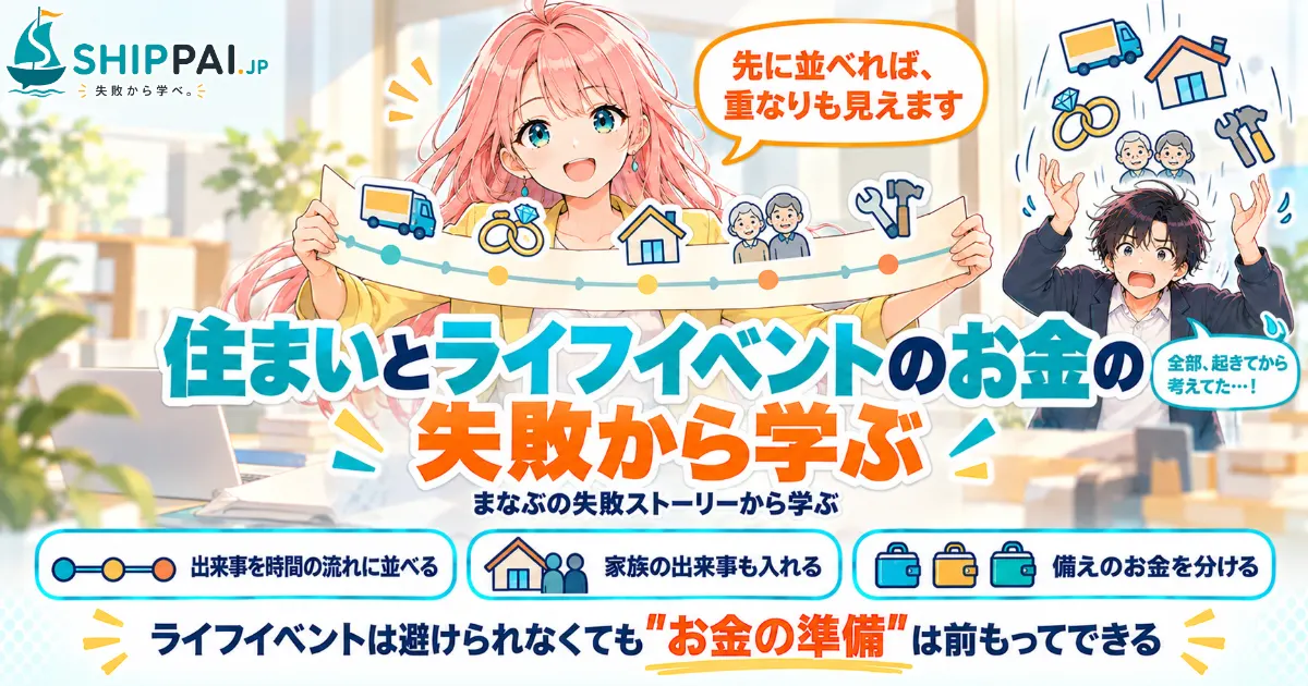 住まいとライフイベントのお金の失敗から学ぶを紹介するSHIPPAI.JPの記事アイキャッチ。まなぶとみらいのイラスト付き