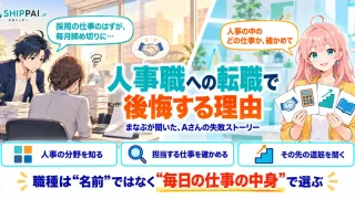 人事職への転職で後悔する理由を紹介するSHIPPAI.JPの記事アイキャッチ。まなぶとみらいのイラスト付き