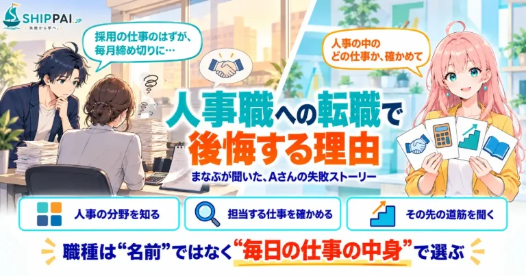 人事職への転職で後悔する理由を紹介するSHIPPAI.JPの記事アイキャッチ。まなぶとみらいのイラスト付き