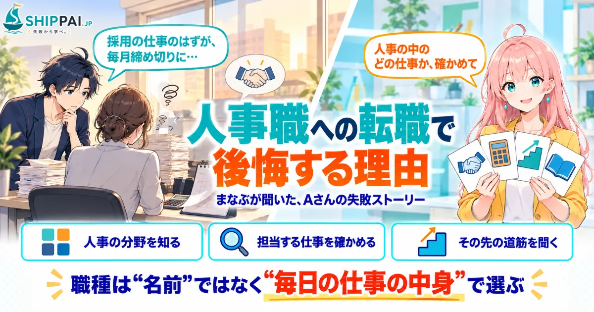 人事職への転職で後悔する理由を紹介するSHIPPAI.JPの記事アイキャッチ。まなぶとみらいのイラスト付き