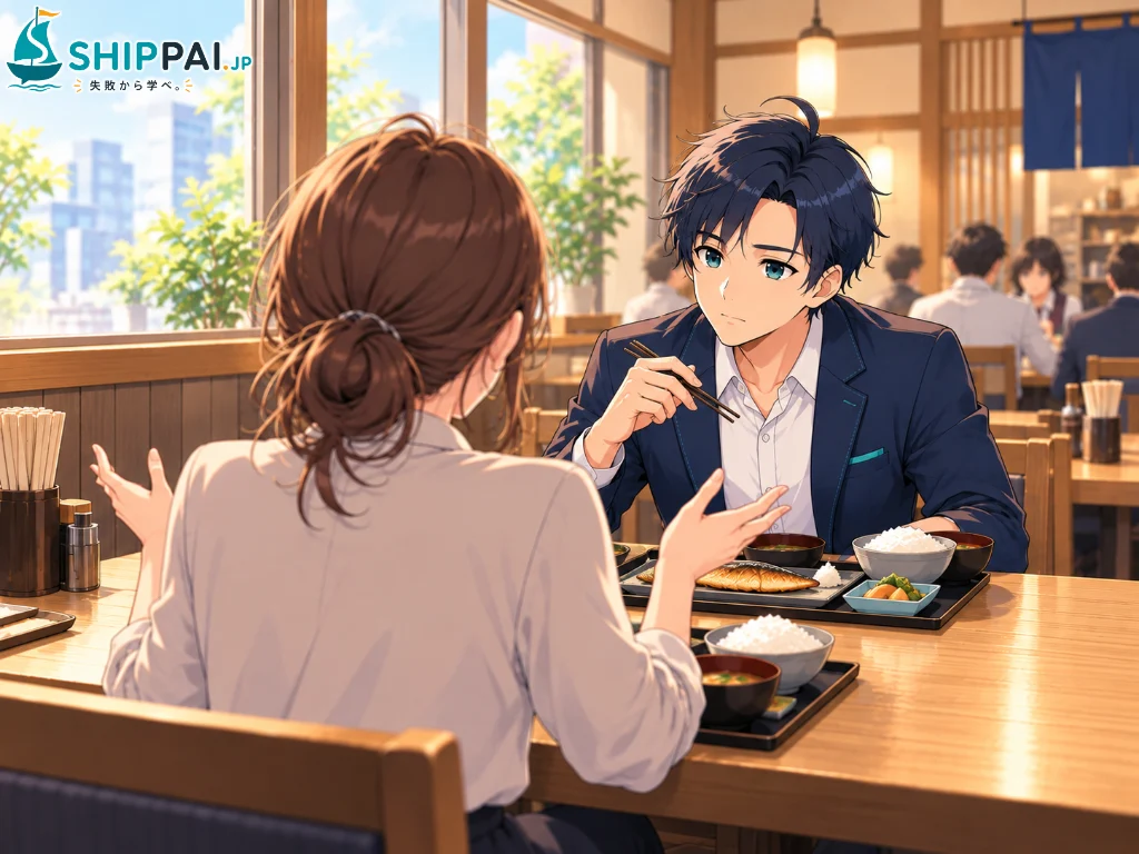 平日の昼休み、オフィス街の定食屋で、人事職に転職した前の会社の同期Aさんの話を真剣に聞くまなぶのイラスト
