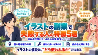 イラストの副業で失敗する人の特徴5選を紹介するSHIPPAI.JPの記事アイキャッチ。まなぶとみらいのイラスト付き