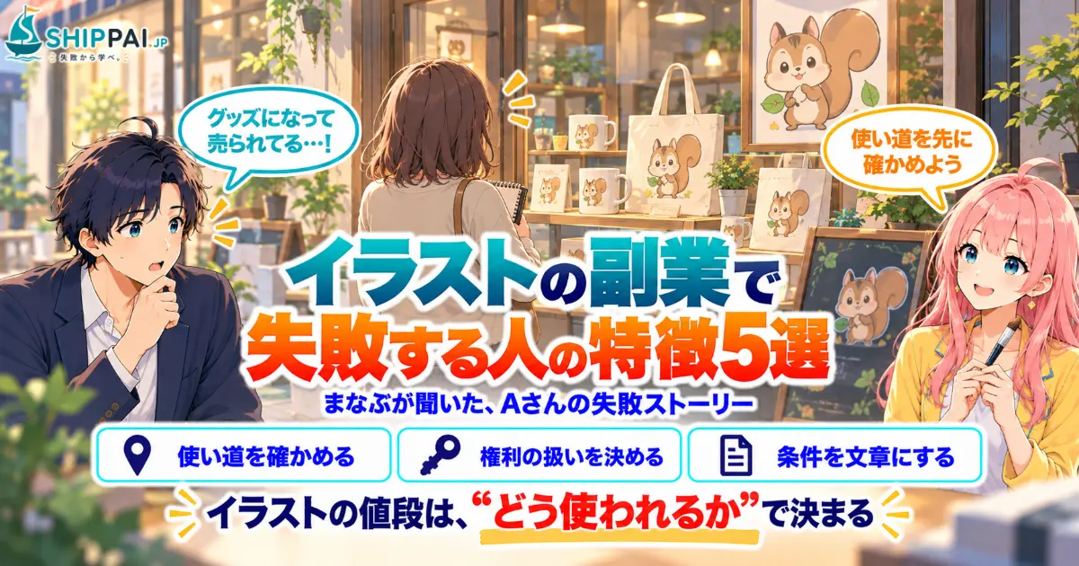 イラストの副業で失敗する人の特徴5選を紹介するSHIPPAI.JPの記事アイキャッチ。まなぶとみらいのイラスト付き