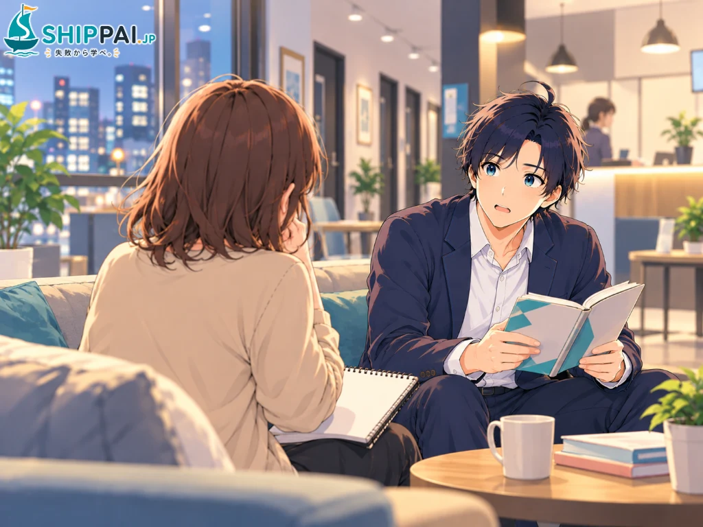 英会話教室のロビーのソファで、同じクラスのAさんからイラストの副業の失敗談を聞くまなぶのイラスト