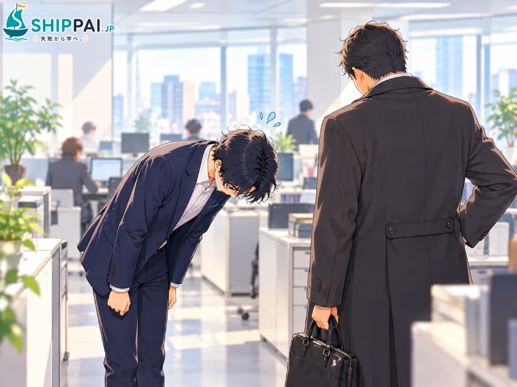 提案資料の数字を取り違え、お客さまのところから戻った営業の先輩に、オフィスの通路で深く頭を下げるまなぶのイラスト