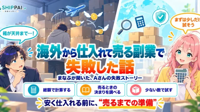 海外から仕入れて売る副業で失敗した話を紹介するSHIPPAI.JPの記事アイキャッチ。まなぶとみらいのイラスト付き
