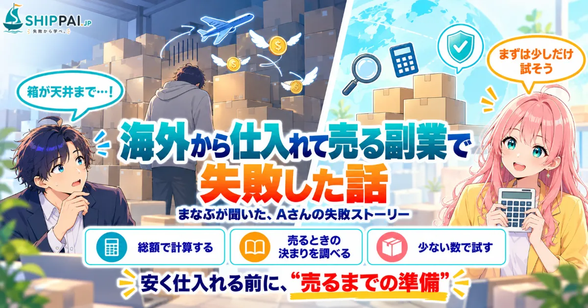 海外から仕入れて売る副業で失敗した話を紹介するSHIPPAI.JPの記事アイキャッチ。まなぶとみらいのイラスト付き