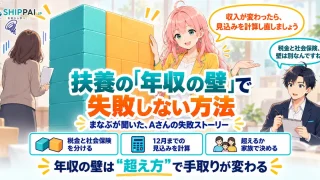 扶養の年収の壁で失敗しない方法を紹介するSHIPPAI.JPの記事アイキャッチ。まなぶとみらいのイラスト付き