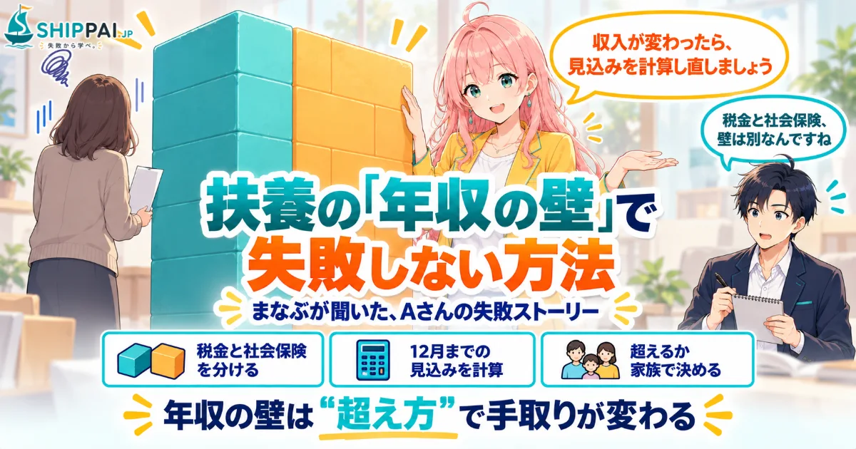 扶養の年収の壁で失敗しない方法を紹介するSHIPPAI.JPの記事アイキャッチ。まなぶとみらいのイラスト付き